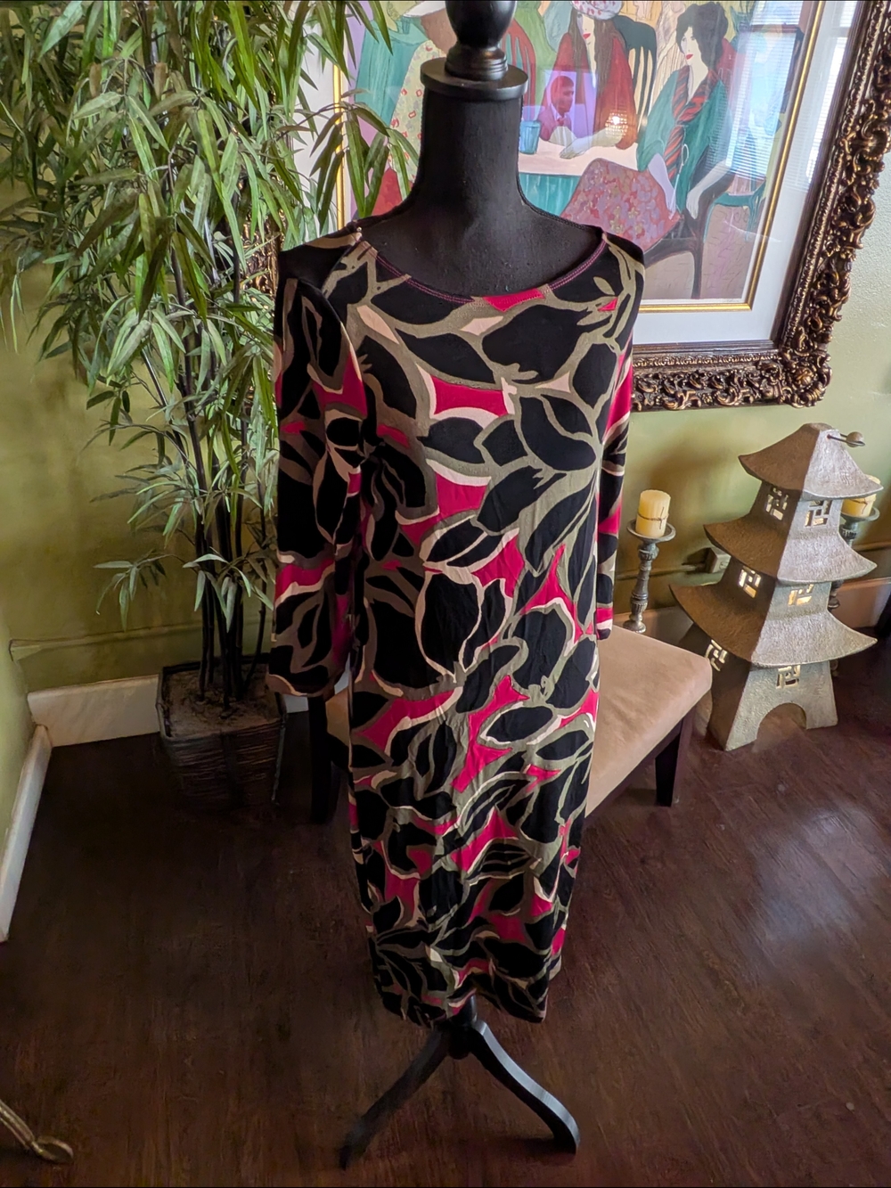 Chico's Black, Magenta & Taupe Abstract-Print Scoop-Neck Midi Dress